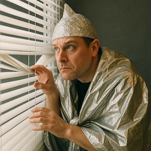 May create: A person wearing a silver foil hat and a silver foil blanket looking out a window with white blinds.