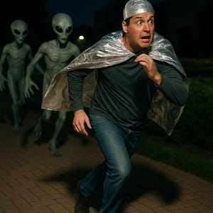 Conspiracy Theory Survival Kit – Anti-Mind-Reading Tinfoil Hat & Cape | Area51 Funny UFO Gag Gift image 6