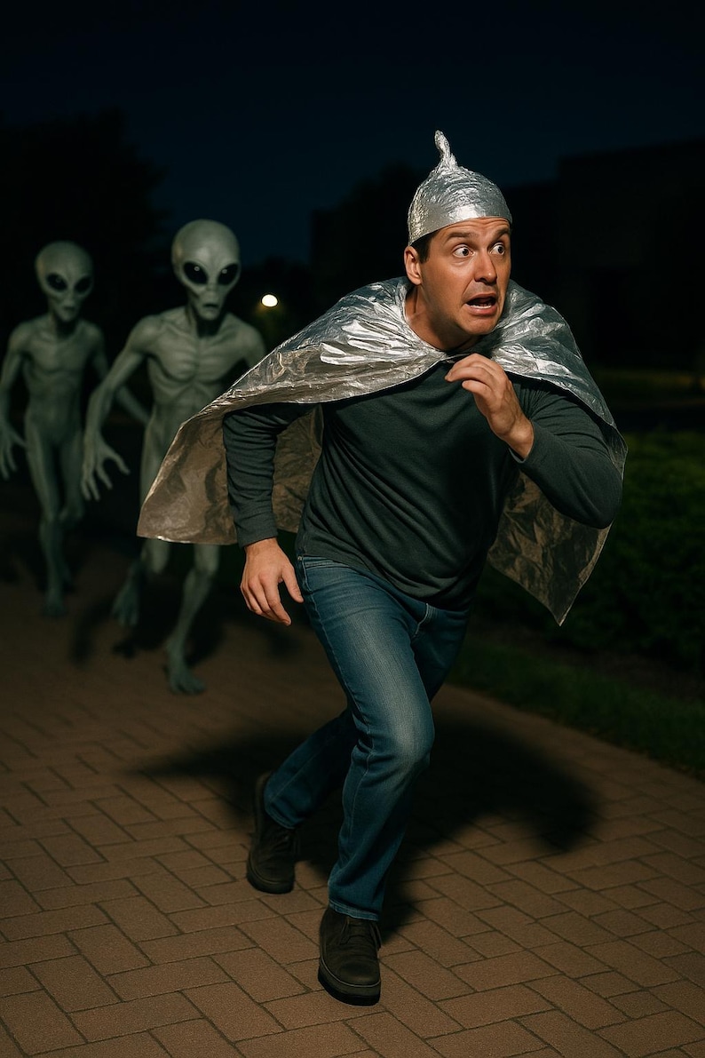 Conspiracy Theory Survival Kit – Anti-Mind-Reading Tinfoil Hat & Cape | Area51 Funny UFO Gag Gift image 6