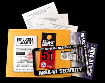 Area 51 Access Package: Map, Parking Permit, Security Card, License Frame, Entry Documents