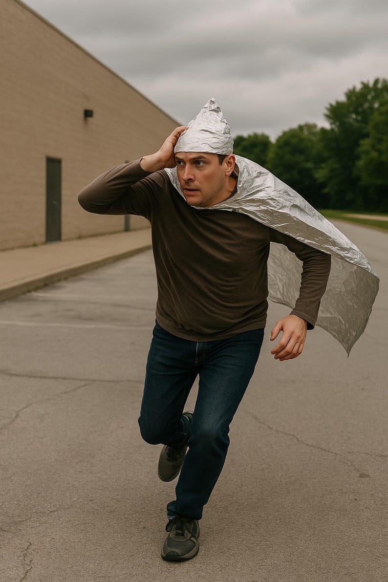 Conspiracy Theory Survival Kit – Anti-Mind-Reading Tinfoil Hat & Cape | Area51 Funny UFO Gag Gift image 5