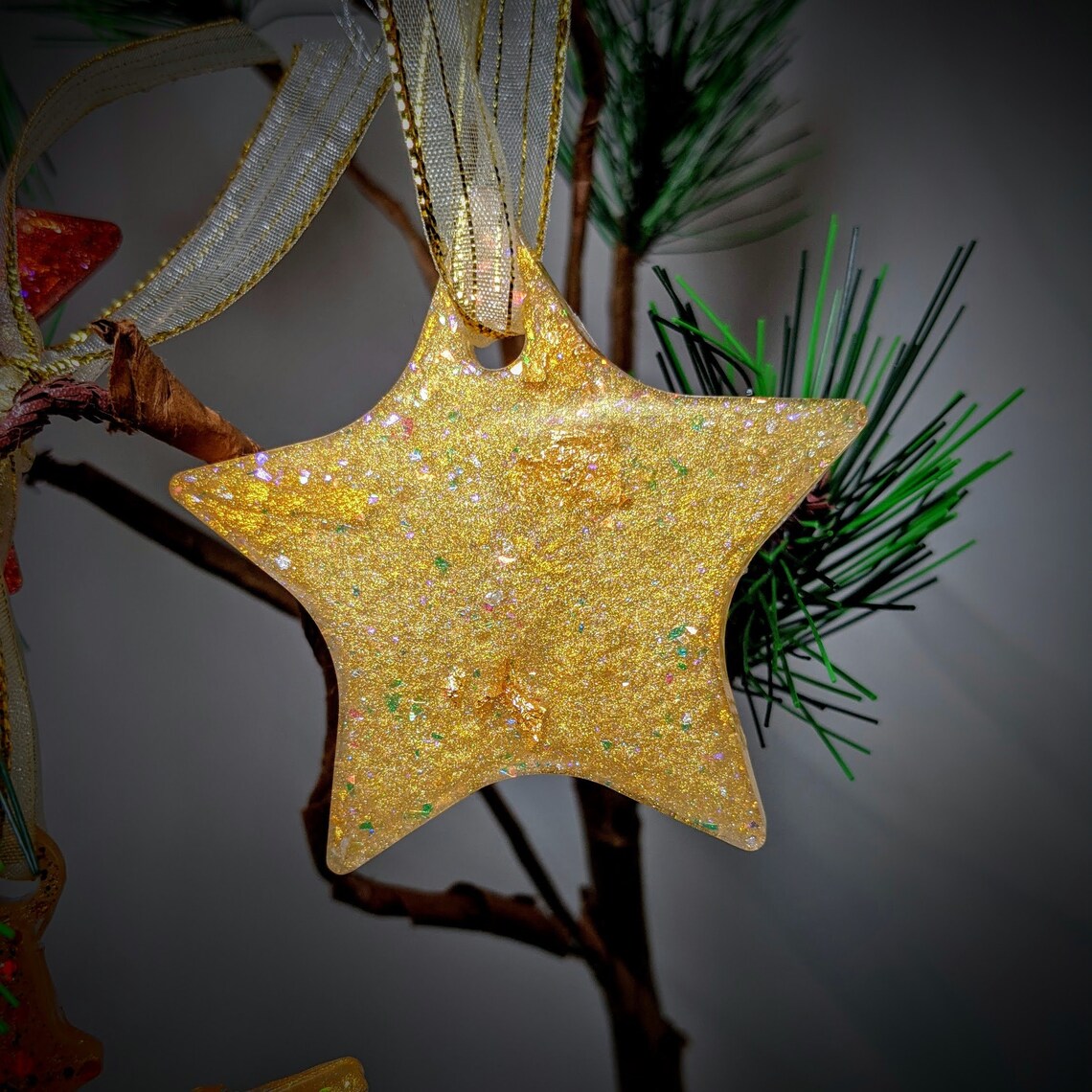 Set of 4 Gold Holiday Ornaments Handmade Resin Christmas Tree Etsy