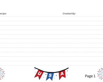 USA Themed Recipe Cards 6inx4in printable 3 pages to include space for ingredients, steps, and extra notes.