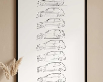 Dibujo de la evolución del VW Golf GTI: Generaciones de coches dibujadas a mano en formato de lámina artística, regalo para los fans del GTI.
