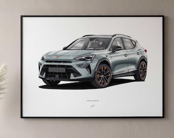 May include: A framed illustration of a gray SUV with black accents and copper-colored wheels. The artwork features the text "CUPRA FORMENTOR" at the bottom. The car is depicted on a white background.