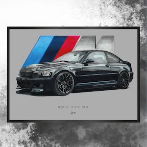 Artprint handgemaakte tekening BMW e46 M3 mannen cadeau idee auto tekening auto portret auto poster