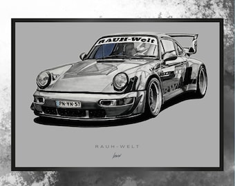 Artprint handmade drawing RWB Porsche men gift idea car drawing auto portrait car poster