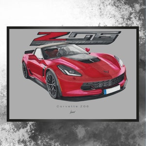 Artprint handmade drawing Corvette Z06 men gift idea car drawing auto portrait car poster