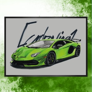 Artprint handmade drawing Lamborghini Aventador SVJ men gift idea car drawing auto portrait car poster