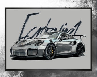 Artprint handmade drawing Porsche 991 GT2 RS men gift idea car drawing auto portrait car poster