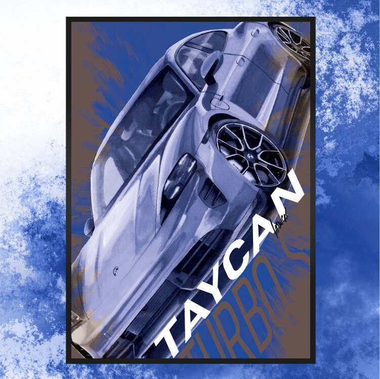 Artprint handmade drawing Porsche Taycan Turbo S men gift idea car drawing auto portrait car poster