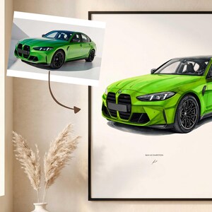 Può includere: Una stampa artistica da parete incorniciata raffigurante una berlina BMW M3 Competition di un vivace verde lime. L'illustrazione mostra l'auto da un'angolazione frontale di tre quarti con ruote nere e una griglia nera. Il testo BMW M3 COMPETITION è stampato.