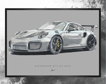 Artprint handmade drawing Porsche 991 GT2 RS men gift idea car drawing auto portrait car poster