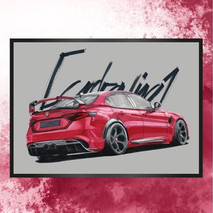 Artprint handmade drawing Alfa Romeo Giulia GTAm men gift idea car drawing auto portrait car poster