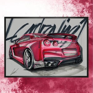 Artprint desenho feito à mão Nissan GTR masculino ideia de presente desenho de carro retrato automático pôster de carro