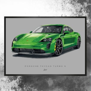 Artprint handmade drawing Porsche Taycan Turbo S men gift idea car drawing auto portrait car poster