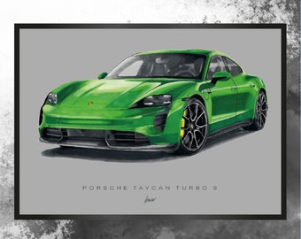 Artprint handmade drawing Porsche Taycan Turbo S men gift idea car drawing auto portrait car poster