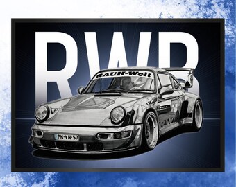 Artprint handmade drawing Porsche RWB men gift idea car drawing auto portrait car poster