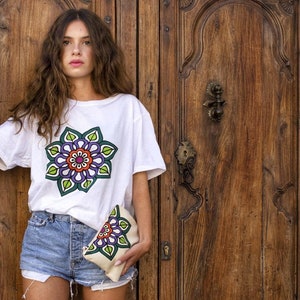 Ensemble femme deux pièces, femme sac t-shirt, femme t-shirt biologique hippie, chemise Mandala, femme cadeau cosmétique, ensemble deux pièces, chemise et sac cadeau