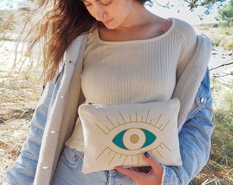 Women Cosmetic Bag Cotton, Painted Toiletry Bag, Evil Eye Bag, Eye Makeup Bag, Beauty Organizer Makeup Bag, Eye Accessory Bag, Cosmetic Boho