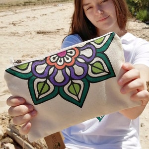 Borsa per cosmetici con cerniera in cotone, borsa con design mandala, borsa per cosmetici con cerniera, borsa per cosmetici, borsa per cosmetici piccola di bellezza, borsa per cosmetici in tela