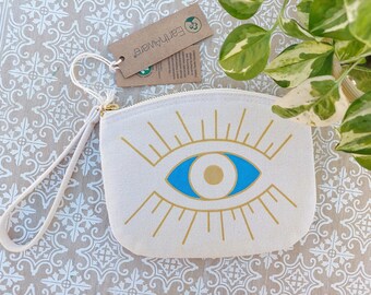 Blue Eye Bag, Fabric Makeup Bag Cosmetic, Fabric Toiletry Bag Cotton, Greek Eye Bag, Small Travel Bag Cosmetic, Travel Zip Bag, Evil Eye Bag