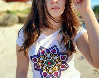 Shirt Mandala, Hippie Spirit Tshirt, Hippie Organic Tshirt Women, Mandala Shirt Women, Paint Tshirt Women, Shirt Flower Mandala, Mandala Tee