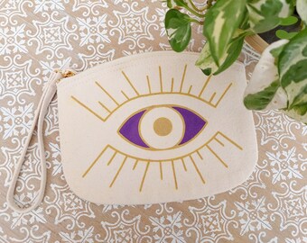 Small Makeup Bag, Small Travel Bag for Cosmetics, Toiletry Women, Makeup Case, Cotton Makeup Bag, Purple Evil Eye, Magic Bag, Witch Bag