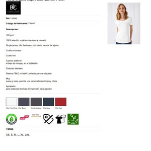 May include: White women's t-shirt with a scoop neck and short sleeves. The t-shirt is made of organic cotton and has a slub texture. The t-shirt is 120 g/m&sup2; and is available in sizes XS, S, M, L, XL, and 2XL.