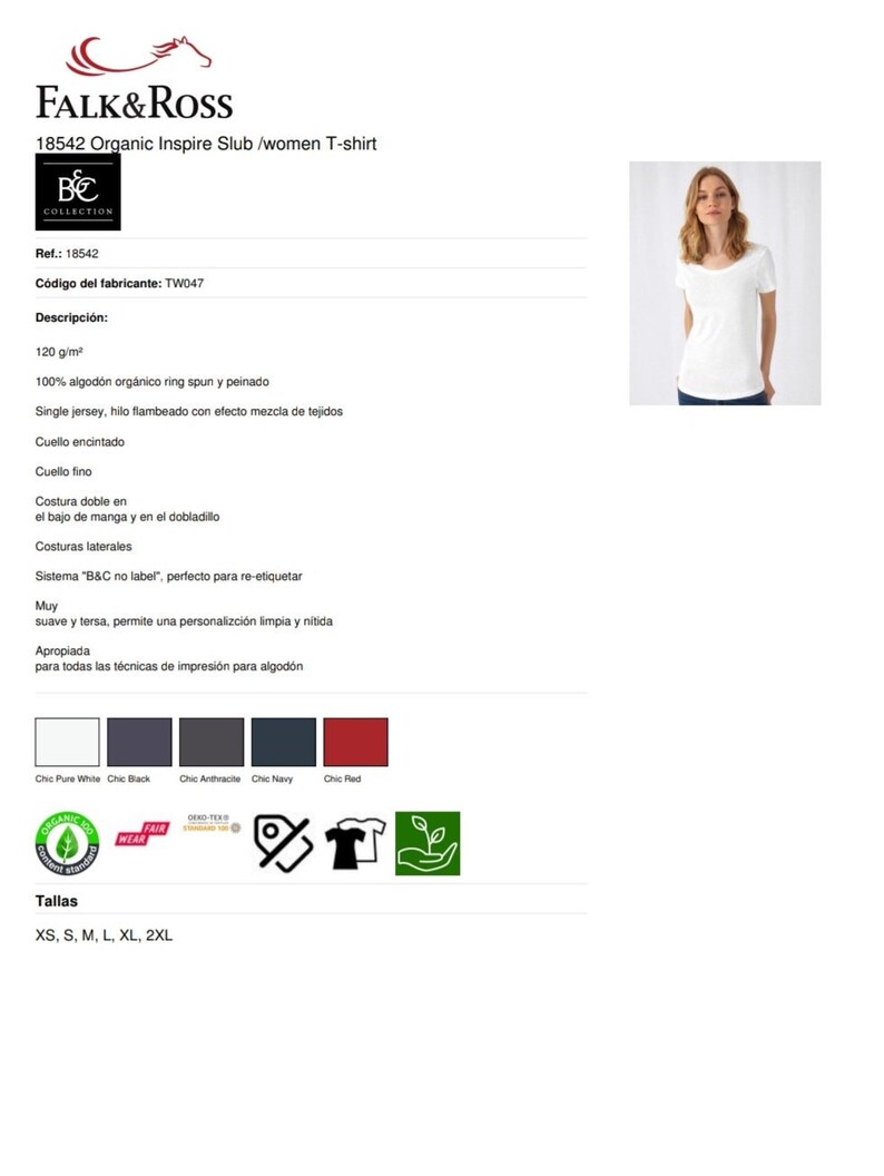 May include: White women's t-shirt with a scoop neck and short sleeves. The t-shirt is made of organic cotton and has a slub texture. The t-shirt is 120 g/m&sup2; and is available in sizes XS, S, M, L, XL, and 2XL.
