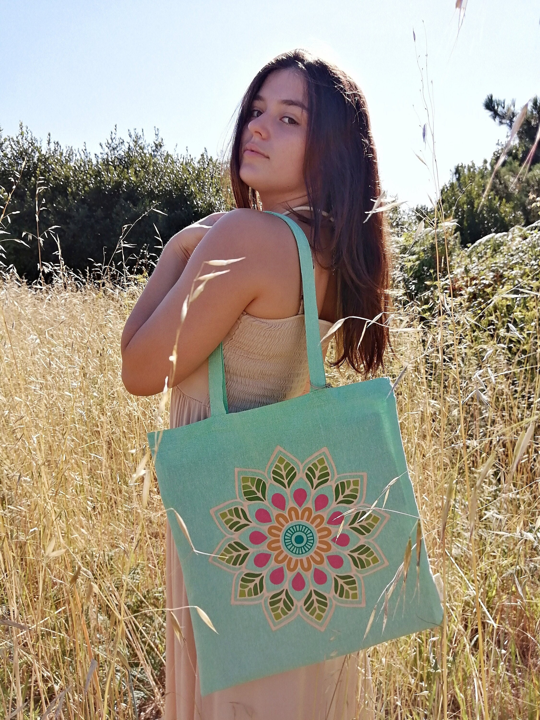 Hand PAINTED TOTE BAG/ Mandala Bag/ Colorful Flower Bag/ Cute Tote Bag/  Painted Fabric Bag/ Green Shopping Bag/ Mandala Tote Bag