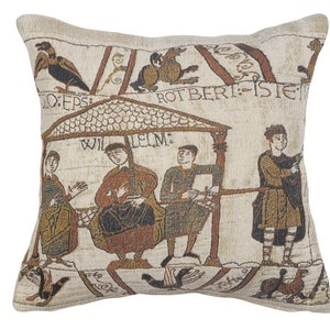 Bayeux Tapestry Cushion Cover: Medieval Banquet Scene, Belgian Art Pillow 17x17