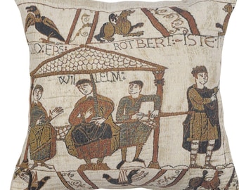 Medieval Banquet Feast Tapestry Cushion Cover - 17x17 inch Belgian Art Sofa Pillow Case - Bayeux Inspired