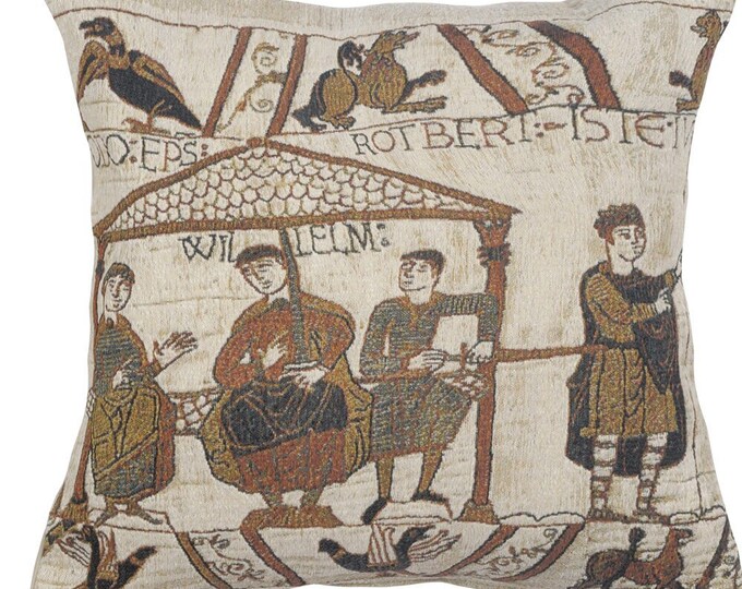 Bayeux Tapestry Cushion Cover: Medieval Banquet Scene, Belgian Art Pillow 17x17