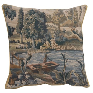 Paysage Flamand Bateau タペストリー クッションカバー 17 x 17 インチ - 織りソファー枕カバー - ボートと湖の風景装飾用クッションカバー