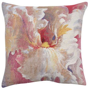 May include: A square throw pillow with a tapestry-style design featuring a close-up of a white flower with pink and yellow accents.
