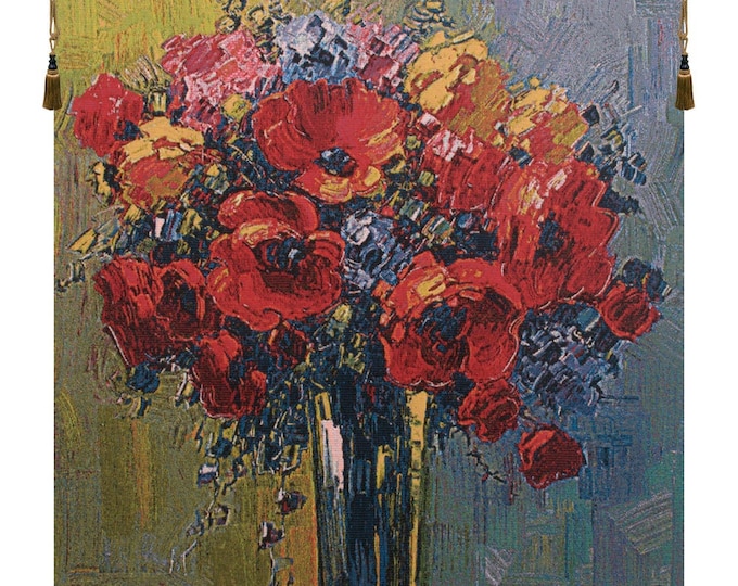 Poppy Bouquet Jacquard Tapestry European Floral Wall Decor Hanging Art Woven Textile