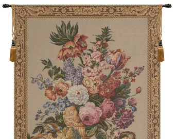 Brussels Bouquet Creme European Wall Tapestry - Decorative Flower Wall Hanging - Floral Wall Decor Art - Woven Belgian Wall Tapestry