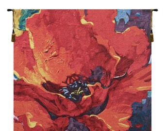 Desiree by Simon Bull III European Wall Tapestry - Red Floral Wall Decor Art - Woven Belgian Wall Tapestry - Flower Decorative Wall Hanging