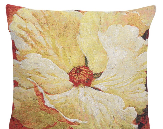 Fragrance I Belgian Tapestry Cushion Cover - White Floral Woven Pillow Cover - Simon Bull Pillow Cover - 21x21 inch Throw Sofa Pillow Cover
