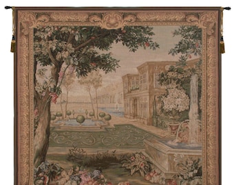 Verdure Fontaine Carree European Wall Tapestry - Floral and Fruits Jacquard Wall Art - Woven French Wall Art - Landscape/Lake Wall Hanging