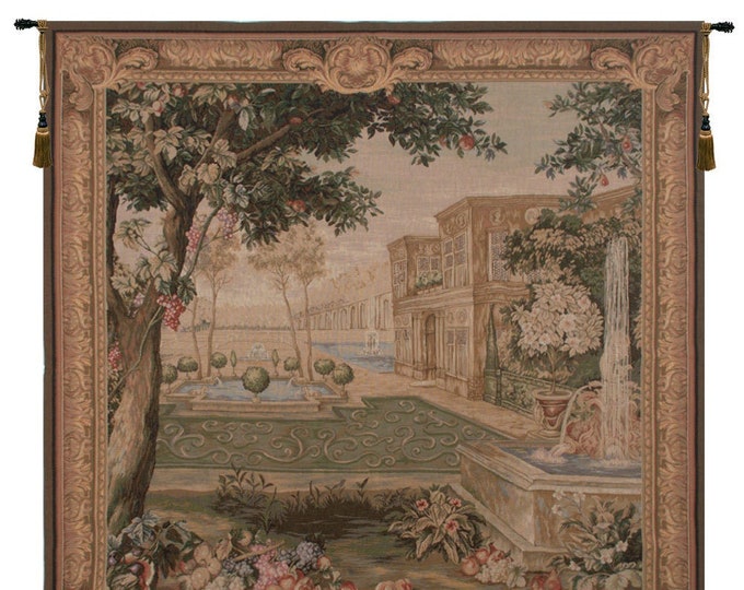 French Jacquard Woven Wall Tapestry: Verdure Fontaine Carree Floral Landscape