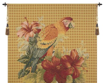 Floral Parrot with Squares Decorative European Wall Tapestry - Jacquard Woven  Floral Wall Hanging - Flower & Parrot Bouquet Wall Tapestry
