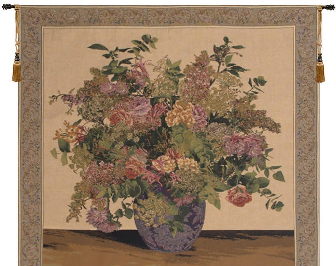 Elegant Floral Congregation European Tapestry - Beige Woven Wall Art Bouquet Hanging for Home Decor