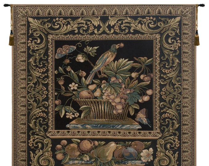 Belgian Woven Wall Tapestry: Floral Bird Art, 27x27 inch