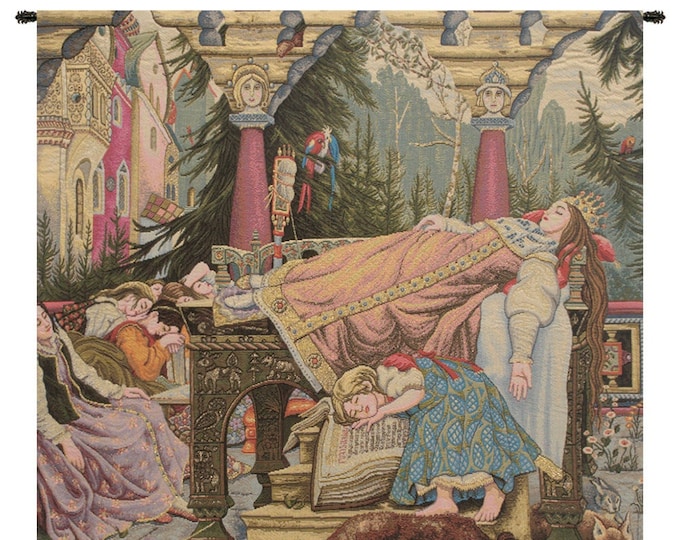 Sleeping Beauty Italian Jacquard Wall Tapestry 24x26 inch - Medieval European Square Decorative Hanging Art