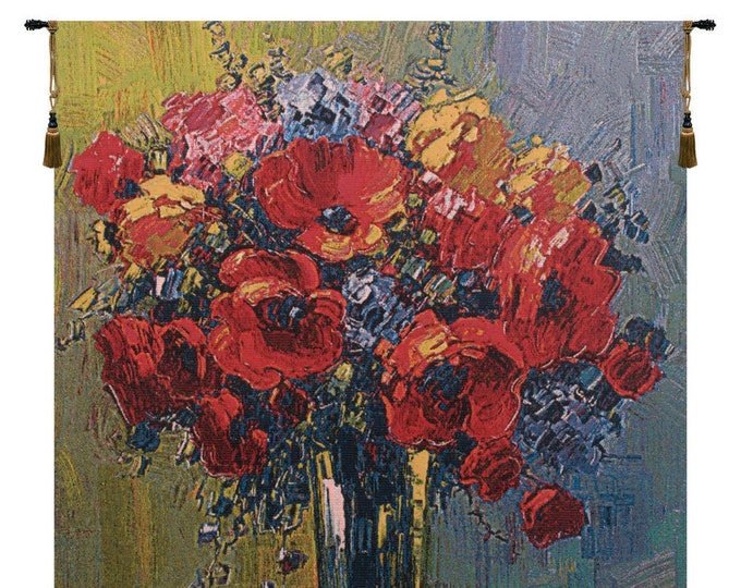 Poppy Bouquet Jacquard Tapestry: European Floral Wall Decor