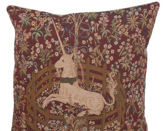 Licorne Captive In Red Tapestry Cushion Cover - Medieval Woven Sofa Pillow Cover - 14x14 inch Unicorn Cushion Cover - French Pillow Case
