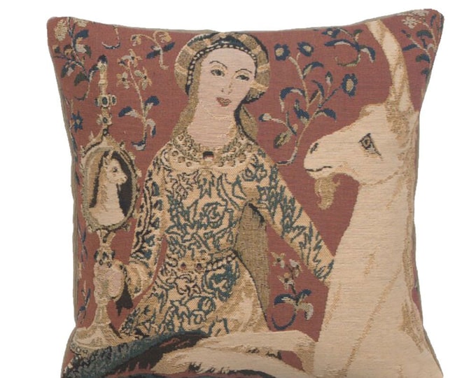 Lady and Unicorn Tapestry Pillow Cover: Woven Belgian Cushion (14x14)