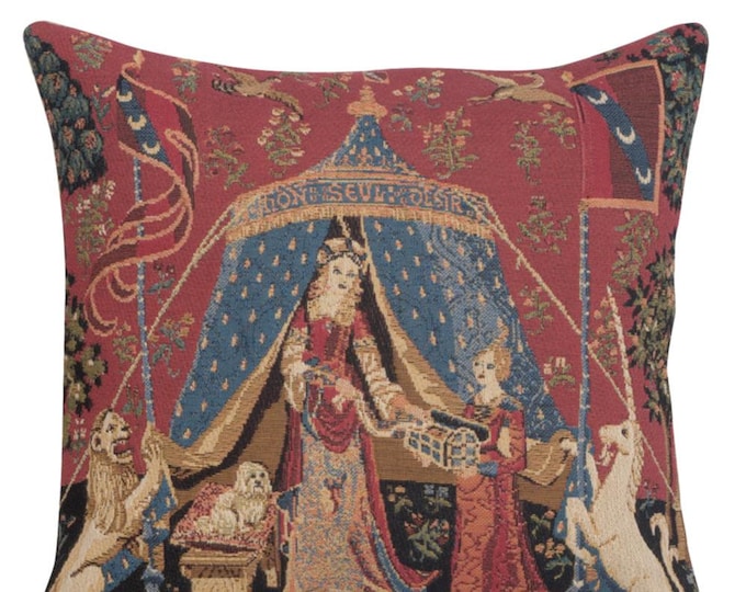 Lady and Unicorn Tapestry Cushion Cover: Medieval Art Pillow (14x14)